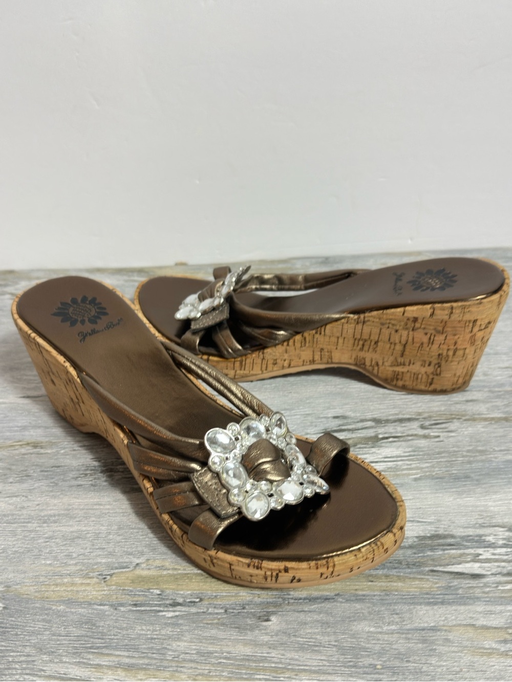 Yellow Box‎ Wedge Slide Sandals with Rhinestone Buckle - Bronze women’s size 7.5